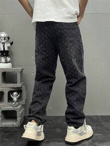 Plus Size Men's Personalized Crochet Denim Jeans - Black - View 2