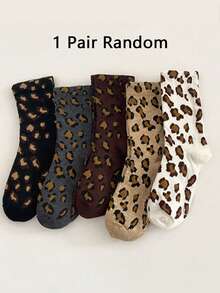 1/5/10 Pairs Women Leopard Print Sailor Socks, Cute Comfortable Breathable Moisture-Wicking Socks, Fun Gift, Creative Campus Style Socks For Women, Winter, Valentine's Day Gift - Crew Socks - View 12