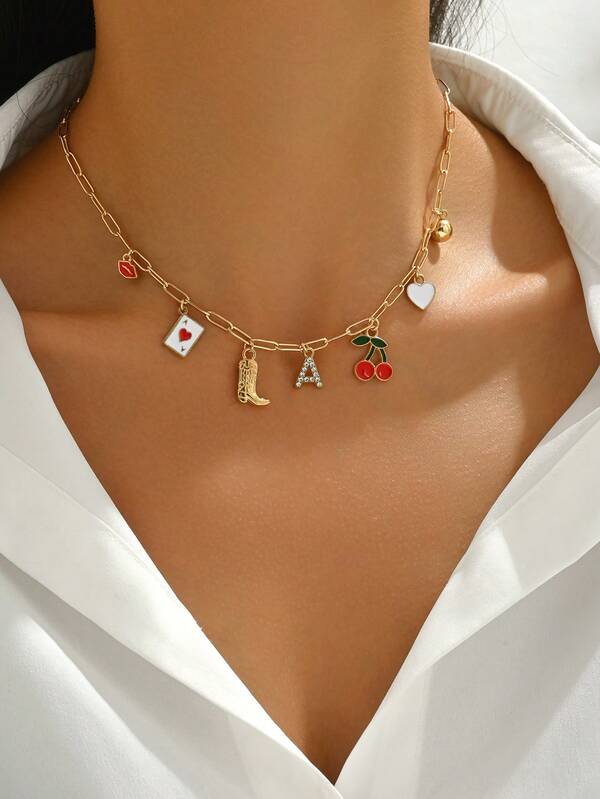 1pc Fashionable Zinc Alloy Gold Boots & Cherry Poker Alphabet 26 Pendant Necklace For Women