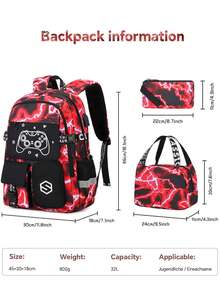 1 Set Kids Backpack With Cool Pattern, USB Charging Port, Game Controller Print, Includes Lunch Bag, Luggage Strap, Zipper Closure, Multi-Pocket Design, Suitable For Daily Use, Camouflage Blue/Red Set - Lightning - View 3