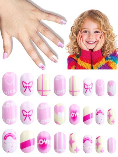 NAIO 24Pcs Press On Nails For Kids, 1 Pack Kid Fake Nail With Bow, Heart-Shaped Elements Pre-Glue Short Nail Stick On Nails, Great For Children Little Girl Birthday Gifts, Parties & Makeovers Decoration