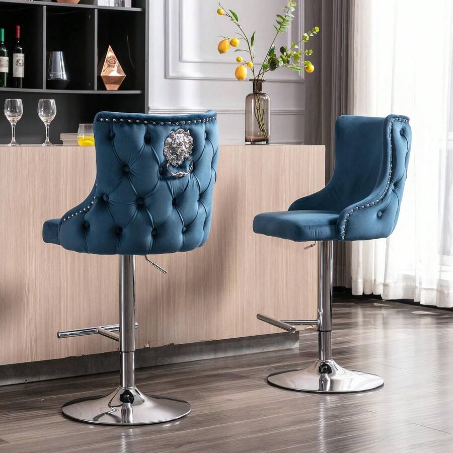 WAHSON OFFICE CHAIRS Modern Bar Stools Set Of 2 Swivel Breakfast Bar Chairs With Lion Knocker, Velvet Kitchen Counter Chairs With Metal Base For Kitchen Island/Pub