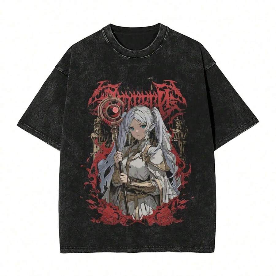Frieren T Shirts For Men Cotton  T-Shirt Crew Neck Heavy Metal Art Tee Shirt Short Sleeve Tops Gift - màu đen - Xem 1