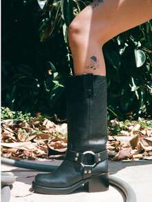 Studded Block Heel Riding Vintage Boots For Women Round Toe Knee High Western Boot Womens Pull On Platform Motorcycle Wide Calf Cowboy Boots Dress Tall Leather Boots - 黑色 - 查看 6