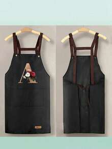 趣味可调节肩带围裙，配有实用口袋，可个性化定制花卉字母 A-Z 印花，男女通用，结实耐用的围兜式肩带，颈部和腰部系带均可调节，大口袋设计，可水洗，防污耐用，适用于厨房、美发师、园丁、厨师、专业美容学校等场合。 - A - 查看 6