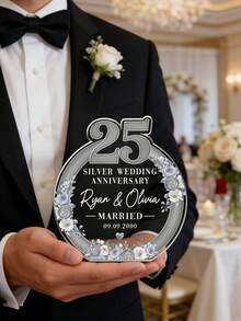Personalized Custom Silver Wedding Anniversary Acrylic Plaque​ – 10.8cm/4.25in High, 10cm/3.94in Wide, 1cm/0.4in Thick Clear Acrylic Ornament Engraved With Couple Names (E.G., "Ryan & Olivia") And Wedding Date (E.G., "MARRIED 09.09.2000"). Features A Delicate Floral Wreath And Elegant "SILVER WEDDING ANNIVERSARY" Text. - Multicolor - View 4