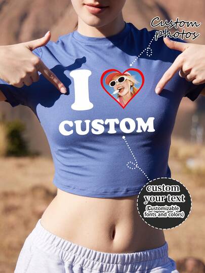 Customizable Women's Short-Sleeved Crop Top T-Shirt, A Gift For Your Girlfriend/Wife, Valentine's Day Gift, Custom Portrait, Custom Print, Custom Name, Custom Women's T-Shirt - Add Your Own Text And Pictures (Family Photos/Selfies/Pet Photos/Friend Photos)