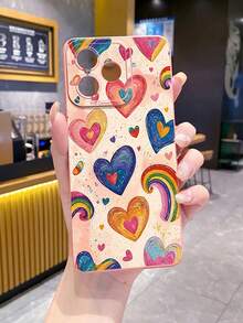 1pc Heart & Rainbow Pattern Shockproof Phone Case, UV Printed Compatible With Samsung/Galaxy/ Android Models - Pink - View 3