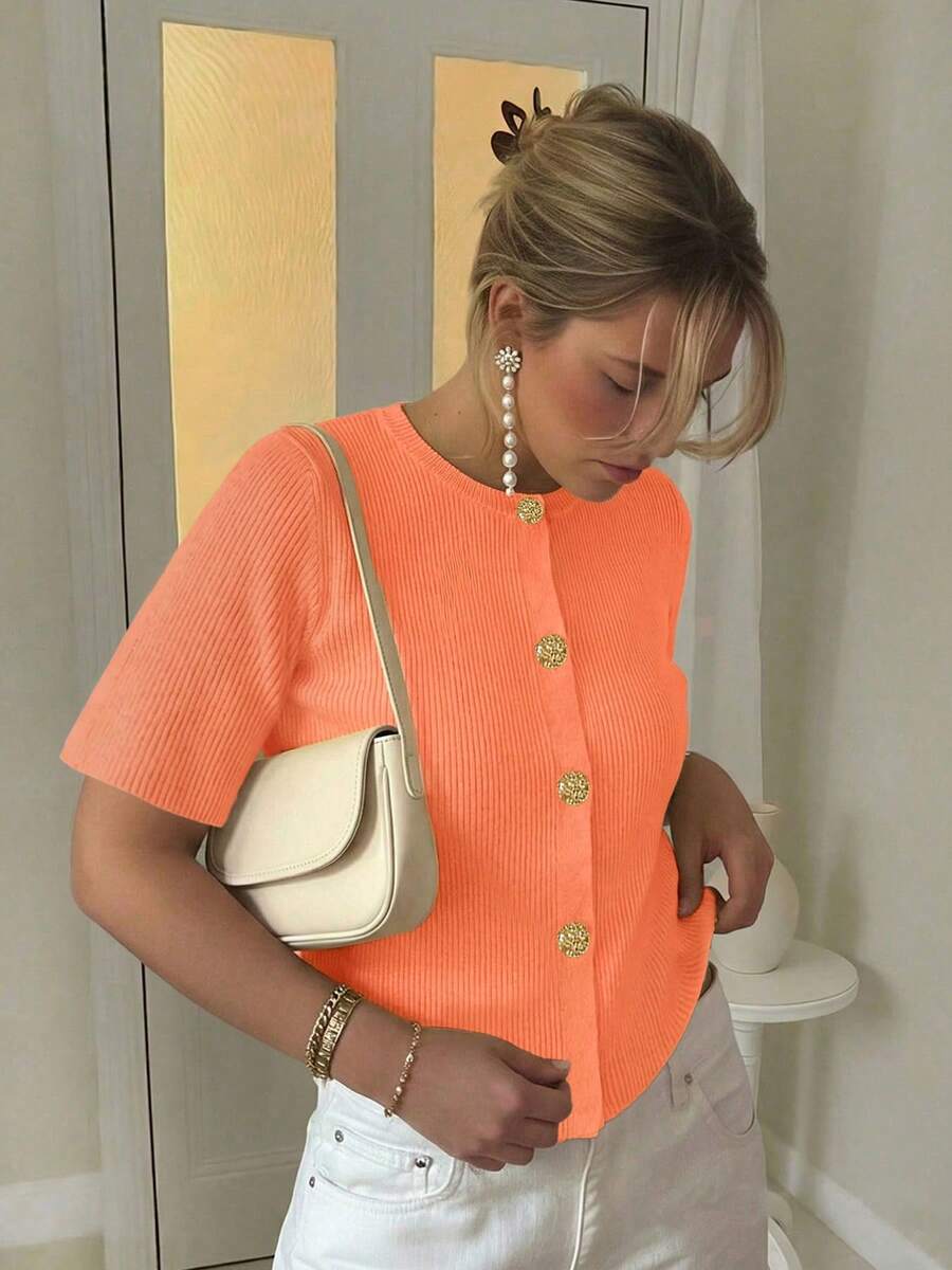 春夏女装时尚法式软蜡质感高端宽松针织开衫，女士短款休闲毛衣上衣 - 珊瑚橙 - 查看 1