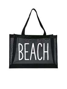 2pcs/Set Large Capacity Mesh Beach Bag - Printed With White "Beach" Letters, Featuring Tropical And Beach Elements; Foldable Waterproof And Sand Proof Mesh Handbag+Matching Mesh Cosmetic Storage Bag, Foldable Beach Sun Hat, Fashion Glasses. - Multicolor - View 16