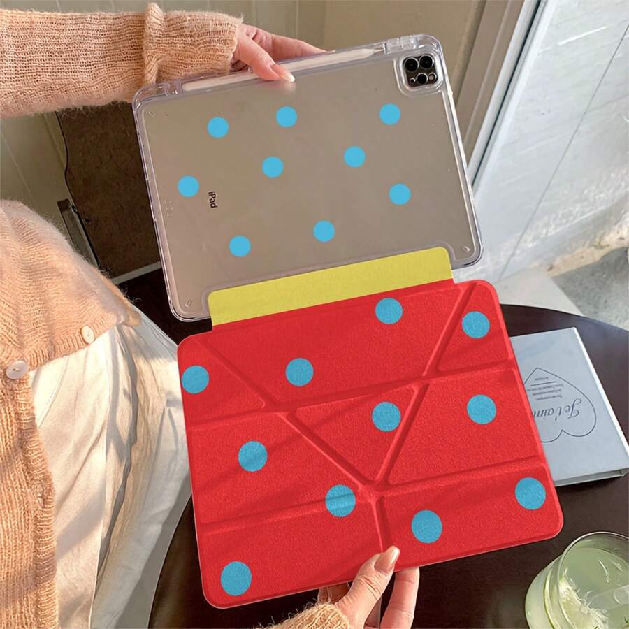 复古波点可爱扁平保护套，适用于苹果 iPad 第 11 代、iPad Pro 2025 新款、iPad 第 10 代、iPad Air 7/6（带 Apple Pencil 插槽），防弯折 11 英寸平板电脑保护套，时尚少女款 - 紅色 - 查看 1