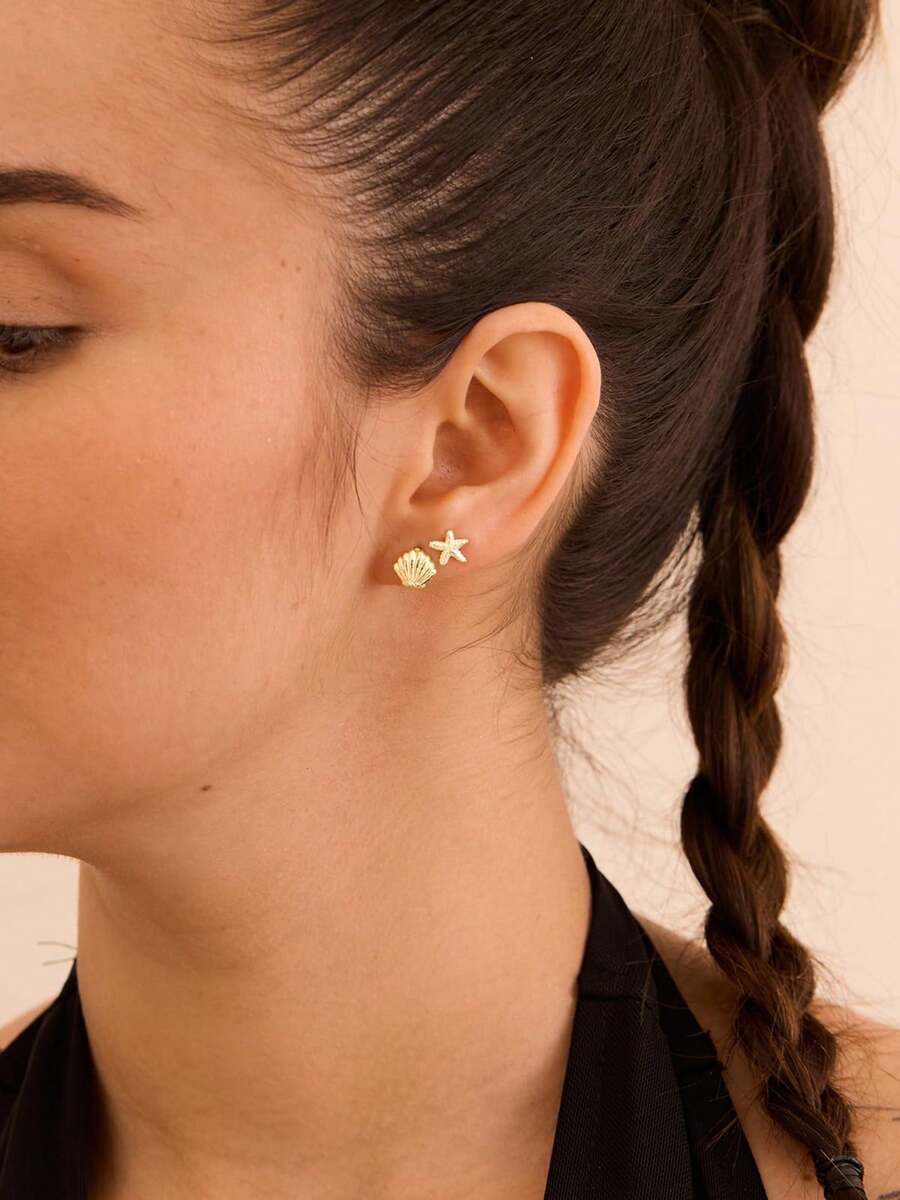 1 par de pendientes de botón con diseño de vida marina bohemio de aleación de zinc con estrella de mar, concha y caballito de mar, regalo de playa y verano, para uso diario - Plateado - Ver 1