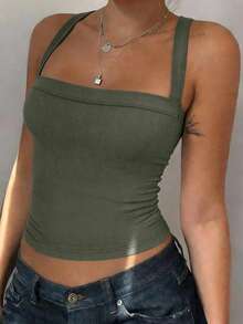 Top corto versátil de unicolor Y2K sexy para mujer, adecuado para uso diario casual y deportivo - Verde militar - Ver 9