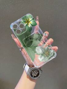 1pc Green Lily Pattern Transparent Anti-Drop TPU Phone Case, Can Be Used As Holiday Gift, Suitable For IPhone XS/XS Max/XR/11 12 13 14 15 16 Pro/17/Pro Max/14 15 16 Plus, Card Holder - Clear - View 2