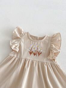 Baby Girls' Minimalist Sweet Embroidered Floral Sleeveless Dress, Spring/Summer - Apricot - View 4