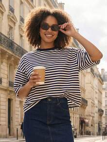 Women 3/4 Sleeve T-Shirts Stripe Crew Neck Casual Shirts Summer Fashion Loose Fit Tops Streetwear - màu đen - Xem 5