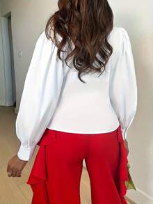 French Slim Fit Elegant Versatile Design Solid Color Button Front Casual/Office Wear Long Sleeve Shirt White Spring - White - View 2