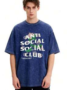 2026 Summer Tops1pc Retro Water Washed T Shirts, Artistic Graphic Featuring A Blooming Rose Intertwined With Bold Anti Social Club Text Symbolizing Contrast Between Beauty And Isolation Vintage 100% 230g Pure Cotton Casual Tee For Men,Street Y2K, Summer Tops, New Year Gifts,UnisexLoose And Comfortableshirt - 寶藍色 - 查看 1