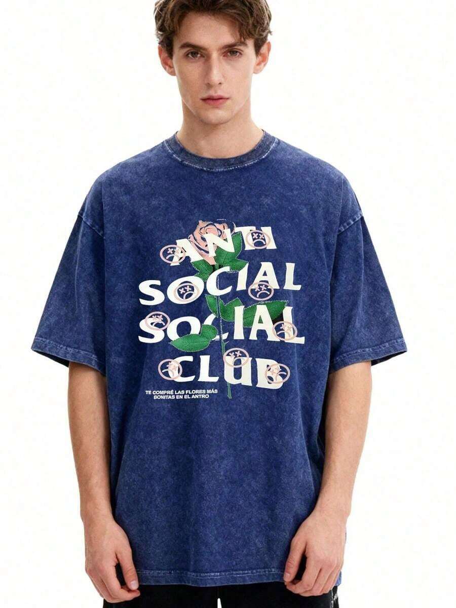 2026 Summer Tops1pc Retro Water Washed T Shirts, Artistic Graphic Featuring A Blooming Rose Intertwined With Bold Anti Social Club Text Symbolizing Contrast Between Beauty And Isolation Vintage 100% 230g Pure Cotton Casual Tee For Men,Street Y2K, Summer Tops, New Year Gifts,UnisexLoose And Comfortableshirt - 寶藍色 - 查看 1