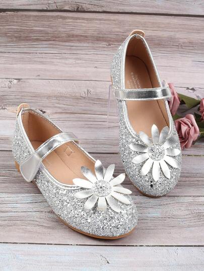 Girls' Shiny Silver Mary Jane Flats, Princess Flat Shoes Suitable For Weddings And Birthday Parties