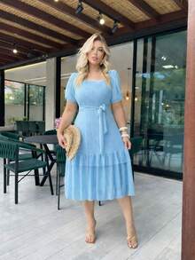 Elegant Women's Casual Dress, Fabric, Hem With Ruffle, Knot, Pleated, Women's Evening Wedding Dress - 淺藍色 - 查看 2