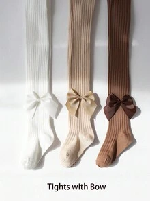 3pcs Girls' Solid Striped Bow Leggings Tights, Suitable For All Seasons - Multicolor - View 11