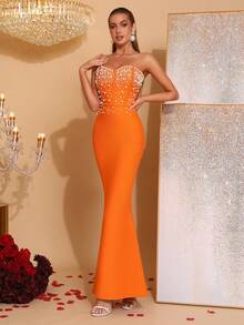 New Sexy Strapless Pink Pearl Decor Wedding Party Cocktail Evening Gown - Jeruk - View 5