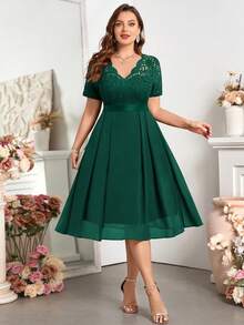 Đầm xòe chữ A bằng chiffon in họa tiết ren, cổ chữ V, cỡ lớn, thích hợp cho các bữa tiệc bán trang trọng, Ngày Valentine, mùa hè, sinh nhật, lễ tốt nghiệp, tựu trường. - Màu xanh lá cây đậm - Xem 9