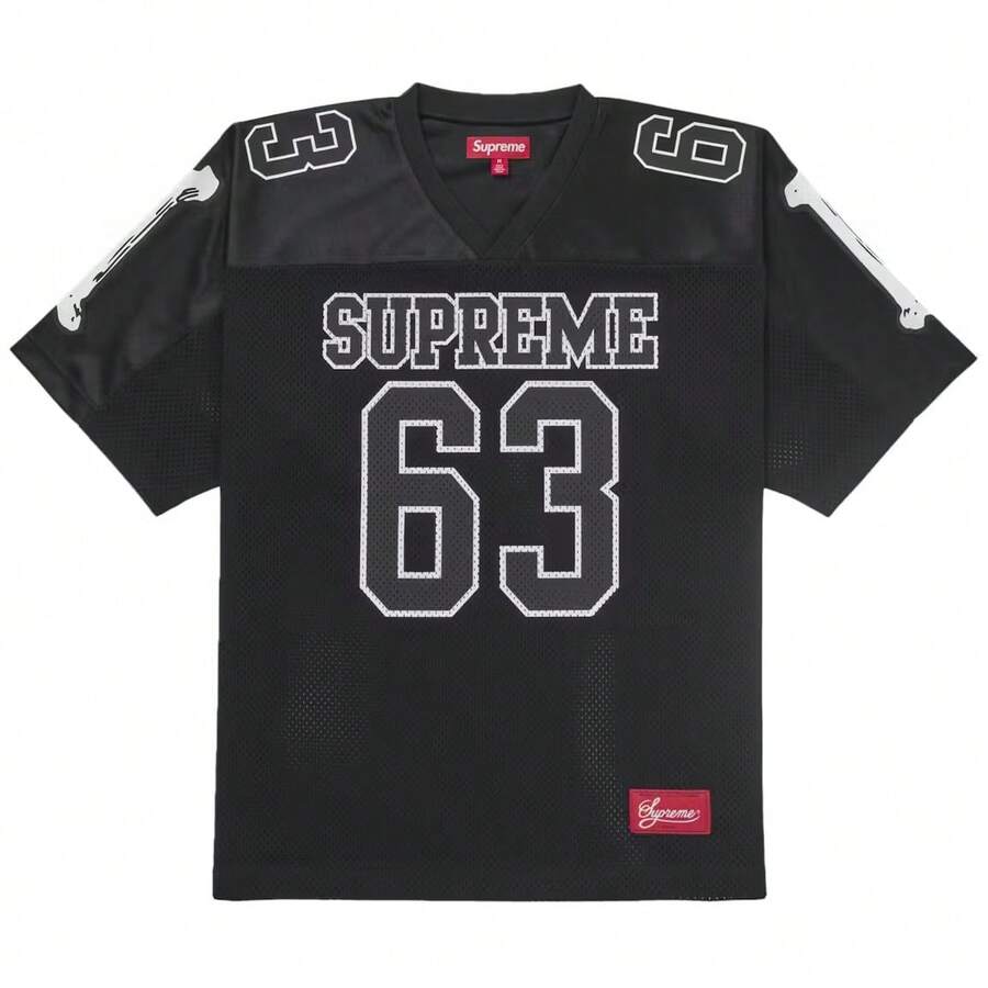 Supreme Bones Football Jersey | Mesh Tech Top Unisex Skeleton Graphic Sportswear Short Sleeve V-Neck Jersey | Urban Streetwear Hip Hop Fashion Breathable Athletic Shirt For Men And Women Available In Black, White And Red - màu đen - Xem 1