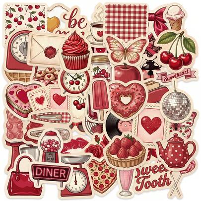 50 Stücke nostalgische Liebes-Themen Aufkleber - klassische rote & cremefarbene "Süß" Motive, süße Aufkleber für Notizbücher, Gepäck & DIY Geschenke, Vintage Liebhaber Schule & Bastel Essentials, süße mysteriöse INS Retro Gothic Y2K Downtown Aufkleber