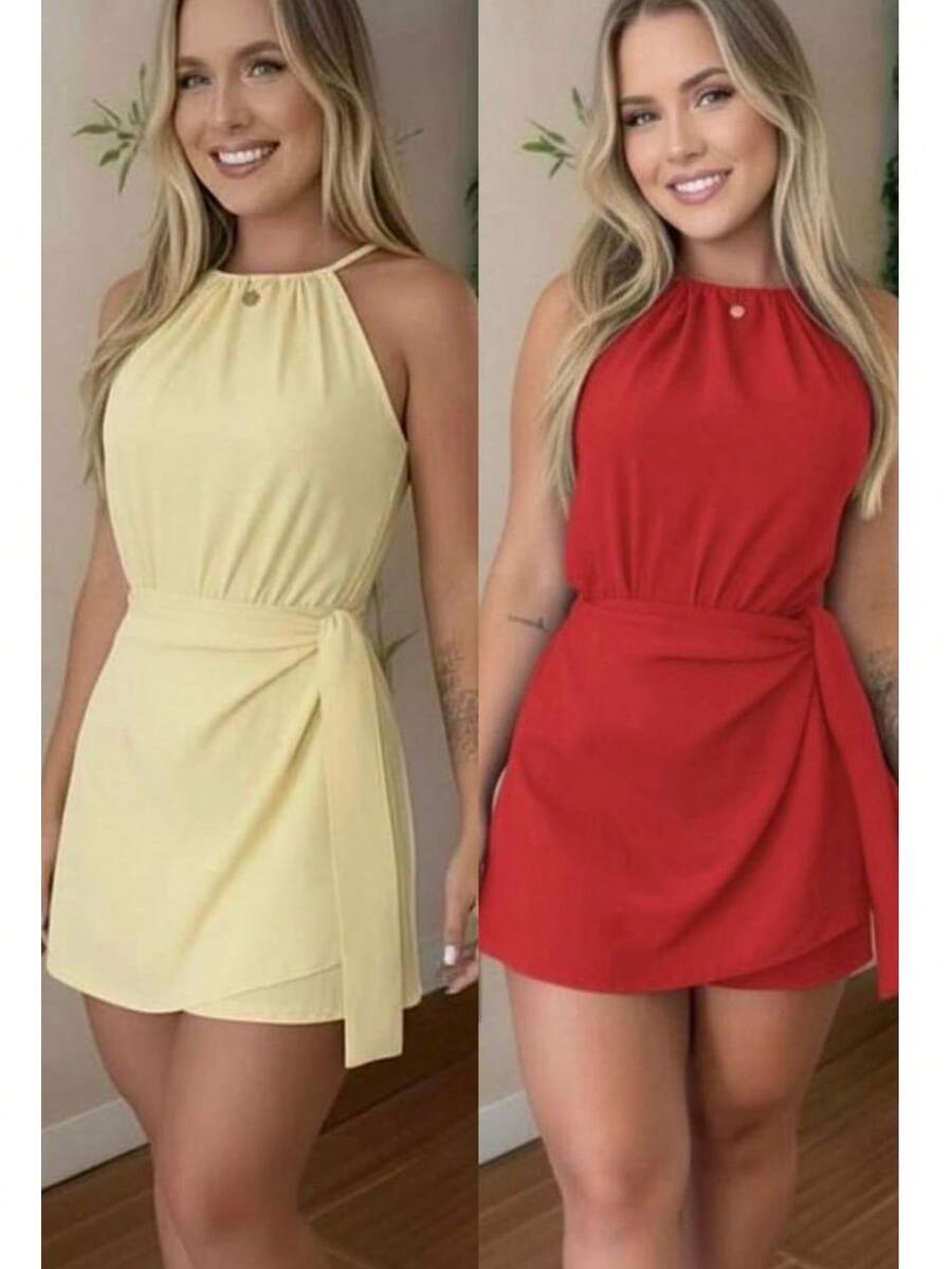 Women's Summer Fashion Jumpsuit Set - Duna - 兩件式 - 紅色和黃色連身衣 - 查看 1