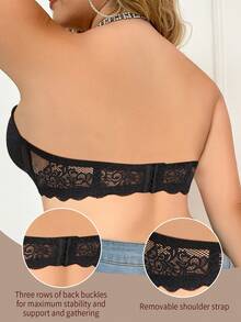Women's Plus Size Black Lace Strapless Bra - Push Up, Breathable & Comfortable, Vacation Resort Wear - Black - View 4