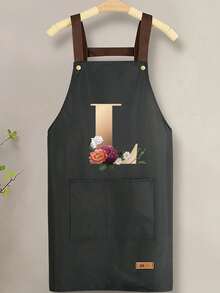趣味可调节肩带围裙，配有实用口袋，可个性化定制花卉字母 A-Z 印花，男女通用，结实耐用的围兜式肩带，颈部和腰部系带均可调节，大口袋设计，可水洗，防污耐用，适用于厨房、美发师、园丁、厨师、专业美容学校等场合。 - A - 查看 14