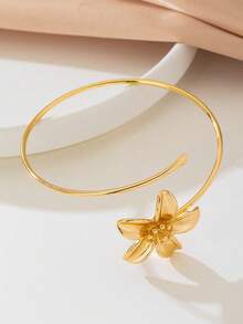 1pc Elegant Women's Metal Flower Cuff Bracelet, Suitable For Daily, Vacation, Casual Holiday Wear - Golden - View 5
