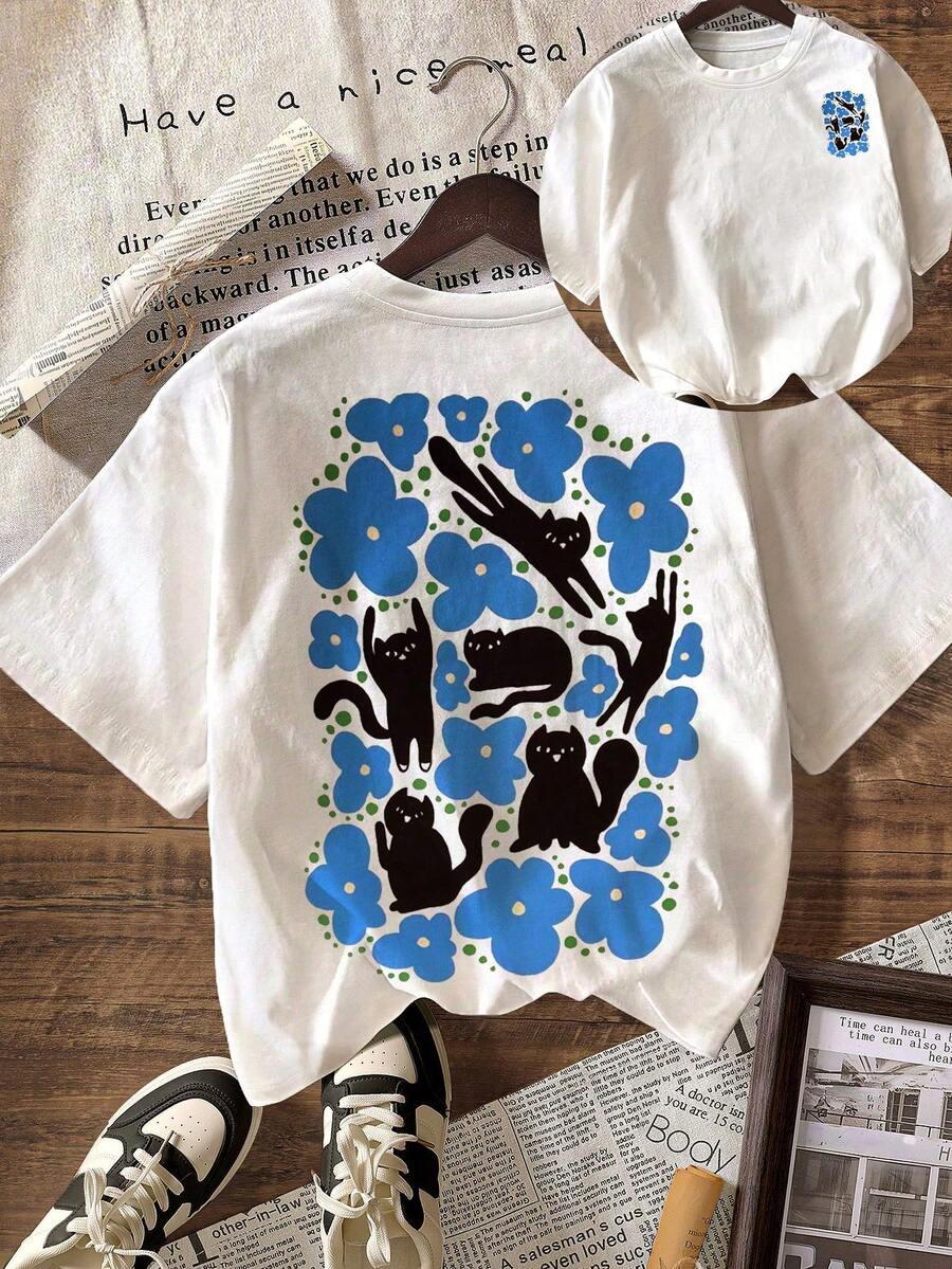 蓝色花卉和俏皮猫咪印花女士休闲圆领短袖T恤，夏季 - 彩色 - 查看 1