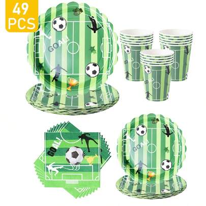 1 Set Football Themed Disposable Tableware, Including Plates, Napkins, Cups, Suitable For 8 Guests, Ideal For Birthday, Wedding, Party, Family Picnic