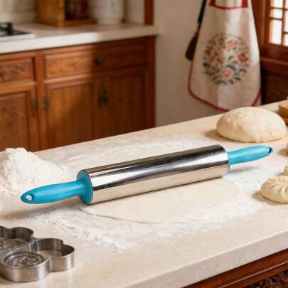 1 pieza de rodillo de acero inoxidable, duradero, antideslizante y fácil de limpiar, ideal para estirar masa de wrappers de dumplings, pasta fresca, masa de baozi, masa laminada y masa de galletas, así como para diversas manualidades DIY, convirtiéndose en una herramienta práctica y esencial para las tareas de cocina y repostería diarias.