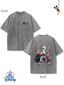1 New Disney Pure Cotton Washed T-Shirt, Disney FROZEN Aisha Anna Xuebao Print, Round Neck Leisure And Comfortable Pure Cotton Washed T-Shirt, Suitable For Sports And Daily Wear, Good Choice For Gifts, Party Essential, High-Quality Clothing, Suitable For Gifts. - Grey - View 1