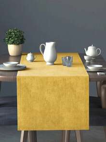 Soft Velvet Textured Stain Resistant Modern Table Runner - Minimal Dining Room Decor - Luxury Elegant Table Setting - Yellow - View 2
