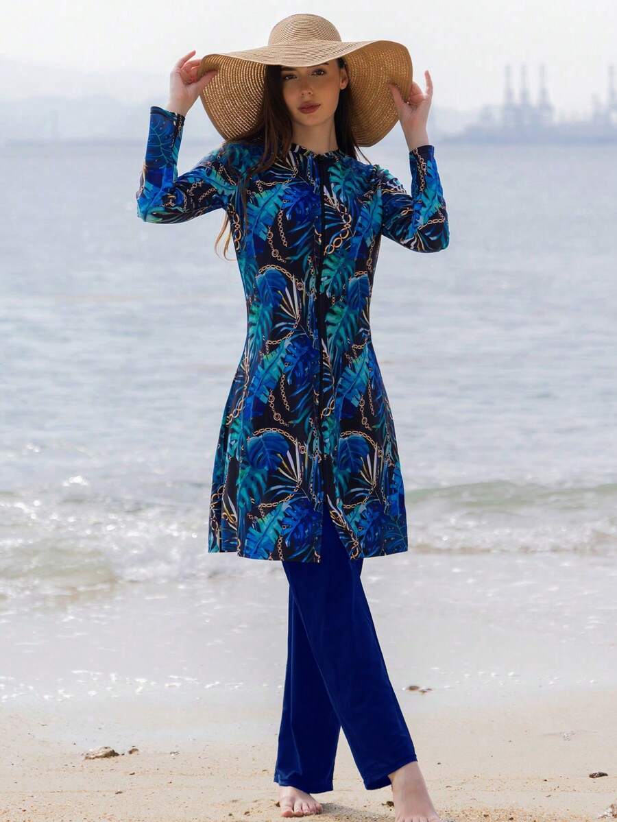 Bộ đồ bơi hai mảnh kiểu Trung Đông tay dài và quần dài, kín đáo dành cho nữ, thích hợp đi biển và mùa hè. - Xanh đậm - Xem 1