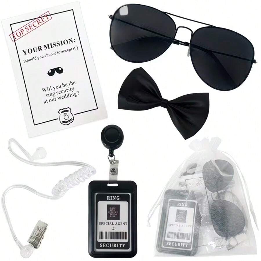 6 Pcs Bodyguard Security ID Holder Wedding Gift Set Bow Tie Glasses Headset Ring With Organza Bag - Multicolor - View 1