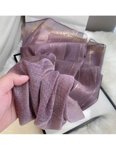 1pc Taro Purple Autumn/Winter New Thin Metallic Striped Long Scarf, Shawl For Cheongsam Dress, Sun Protection Headscarf For Women