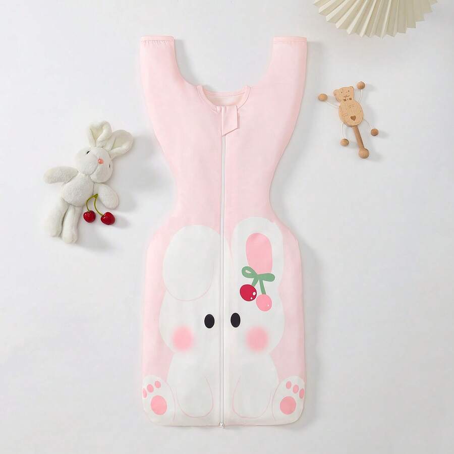 1pc Newborn Baby Girl Cute Rabbit & Cherry Print 3D Sleeping Bag, 1.5 Tog, Comfortable & Skin-Friendly, Suitable For Spring/Summer, Ideal Home Accessory For Adorable Infants - Pink - View 1