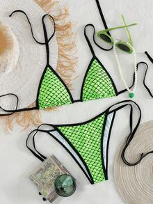 Bộ bikini hai mảnh mới dành cho nữ, đồ bơi lưới phối màu tương phản, kiểu cổ yếm, hở lưng, thích hợp cho kỳ nghỉ hè ở bãi biển. - Màu xanh chanh - Xem 3