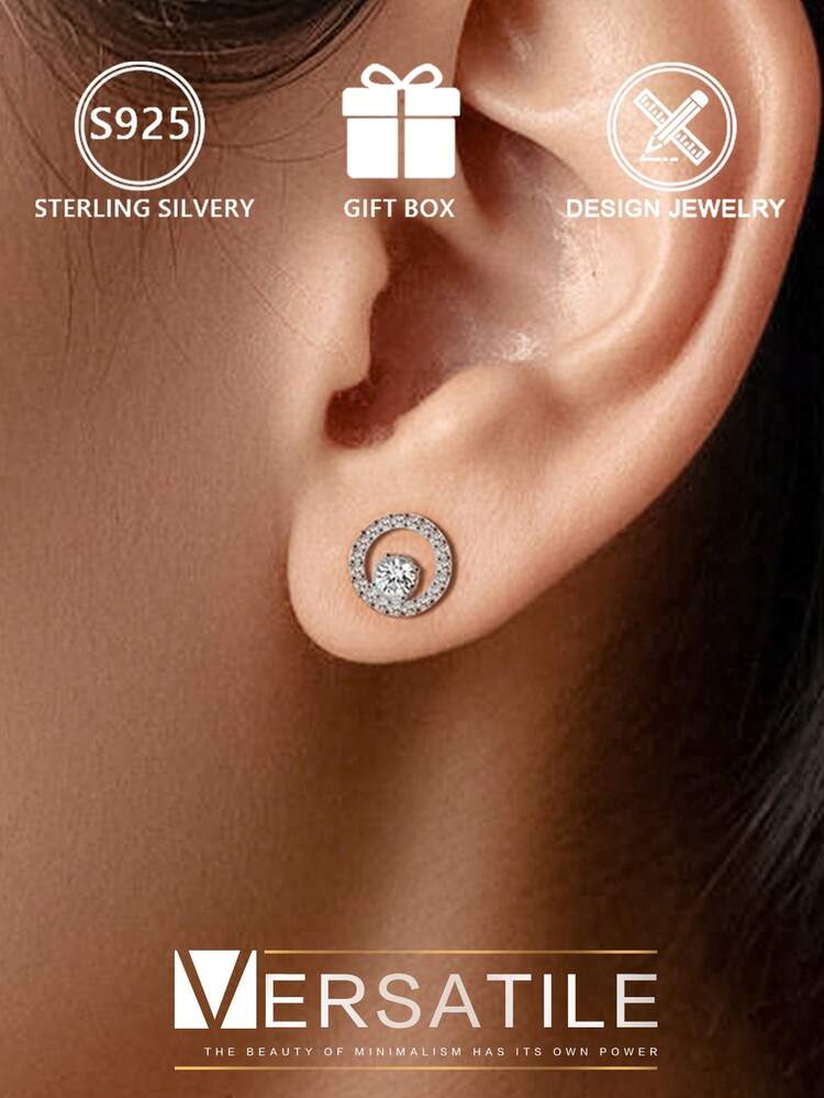 1 件 S925 纯银双环立方氧化锆耳钉，优雅圆形水钻耳环，日常佩戴百搭，送给女友的绝佳礼物，附赠礼盒 - 銀色 - 查看 9