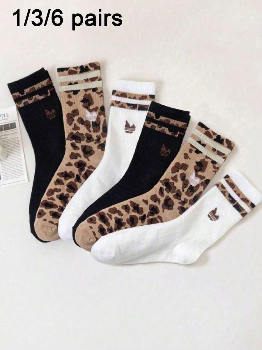 6/3/1 Pair Women Leopard Print Socks, Fashion Casual Socks, Retro Animal Pattern Design, Christmas Gift - Multicolor - View 1