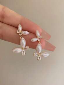 1 par de pendientes colgantes de mariposa con perlas falsas y rhinestones, elegante y vintage para uso diario, adecuado para eventos formales - Dorado - Ver 6