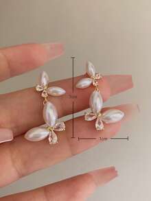 1 par de pendientes colgantes de mariposa con perlas falsas y rhinestones, elegante y vintage para uso diario, adecuado para eventos formales - Dorado - Ver 11