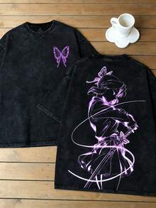 Heavyweight Washed Cotton Men's Anime T-Shirt, Double-Sided Purple Butterfly Anime Print T-Shirt, Retro Comic Art Streetwear, Otaku Fashion Item, Y2K Gothic Short-Sleeved Shirt, Gift For Otaku Culture Enthusiasts, Summer Casual Top, Holiday Gift. - màu đen - Xem 3