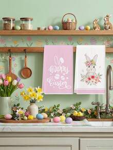 2 Piezas de Toallas de Cocina con Estampado de Conejito Rosa y Floral, Toallas de Platos Feliz Pascua que se Pueden Usar para Secar las Manos en la Cocina, Toallas de Té - Rosa Pálido - Ver 3